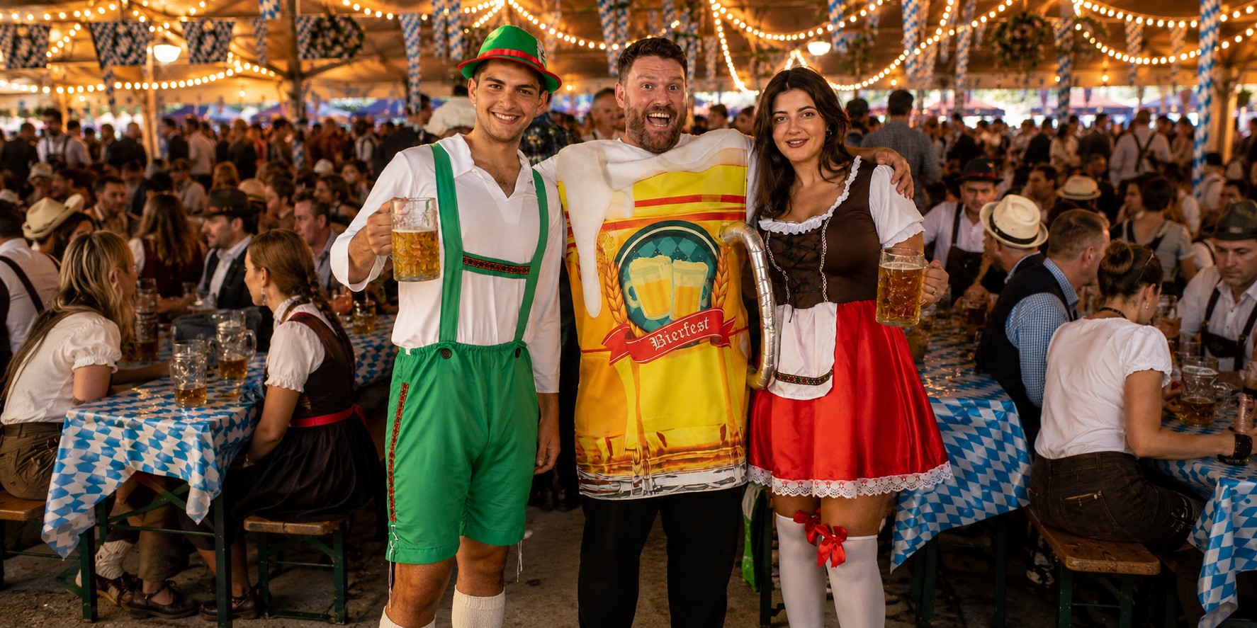 Friends wearing traditional Oktoberfest fancy dress celebrating in Bavarian costumes