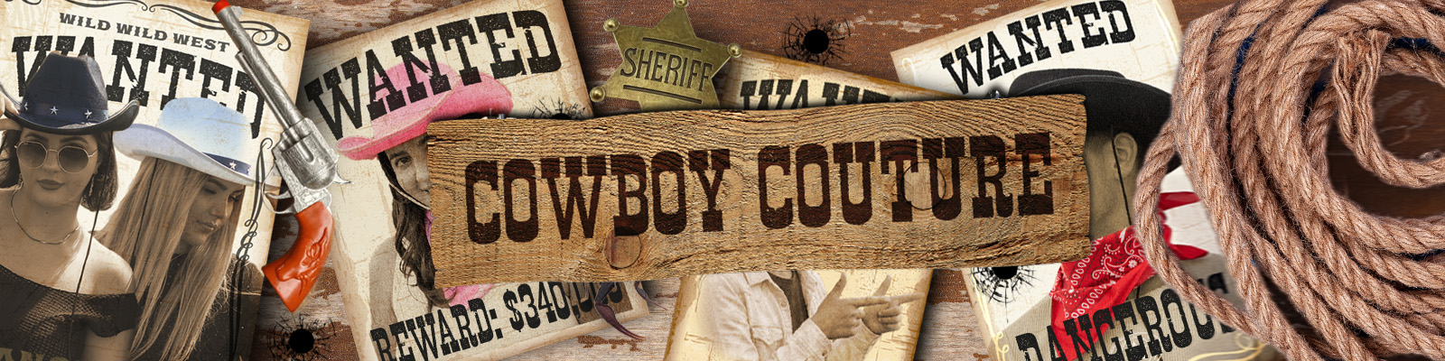 Cowboy fancy dress banner featuring Wild West costumes, cowboy hats and Western accessories