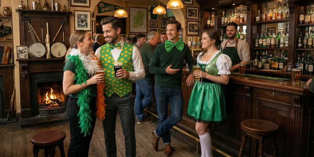 People in an Irish pub wearing St Patrick’s Day costumes and accessories celebrating together