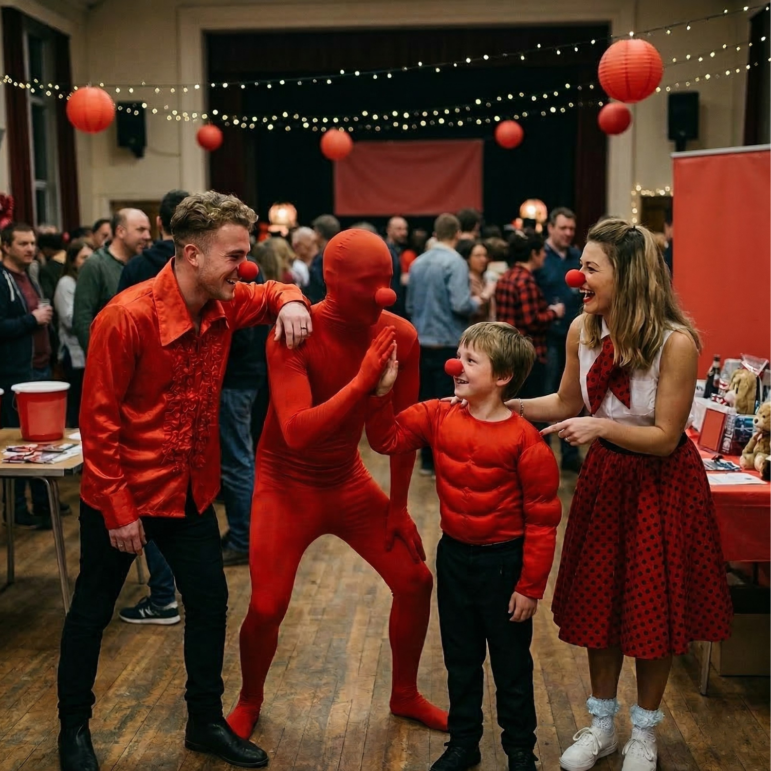 People celebrating in red themed Red Nose Day costumes including skinsuit and polka dot skirt