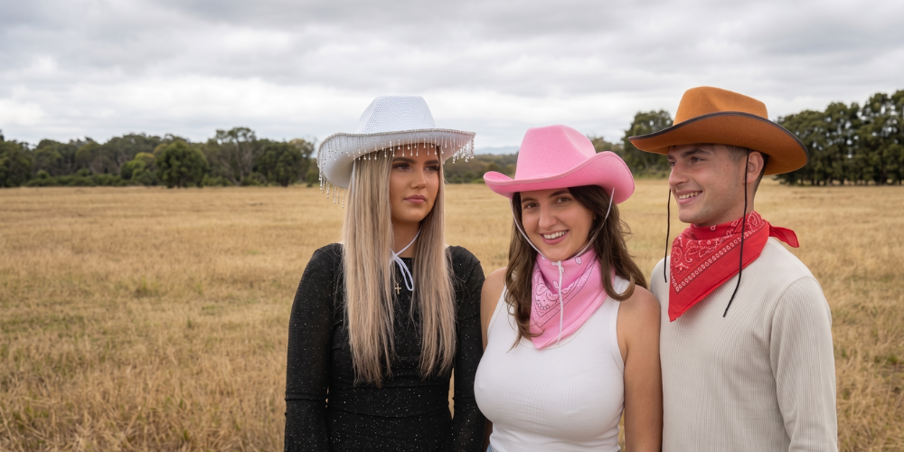 Group dressed in cowboy and cowgirl fancy dress costumes celebrating at a Wild West themed party