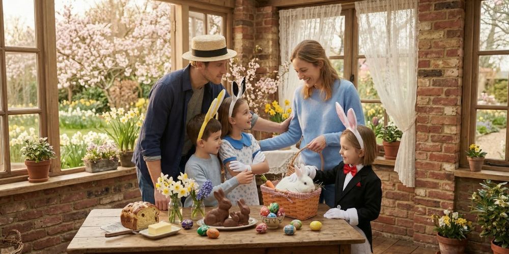 Happy family at a table enjoying Easter, wearing bunny headbands and straw boater hats, with Easter eggs and a rabbit in a basket.