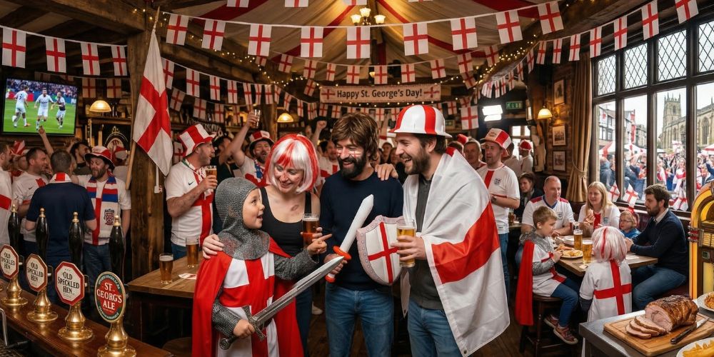 Crowded pub celebrating St George’s Day, people wearing England flag accessories and knight costumes, smiling and enjoying the atmosphere