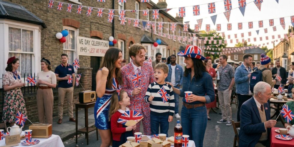 Group celebrating VE Day with Union Jack flags and accessories, wearing 1940s style costumes at a street party