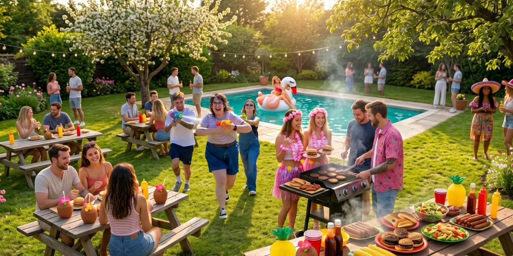 Friends enjoying a summer garden party with Hawaiian shirts, leis, sunglasses and tropical fancy dress accessories