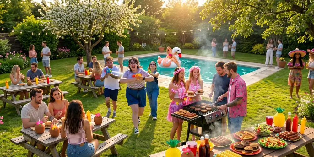 Friends enjoying a summer garden party with Hawaiian shirts, leis, sunglasses and tropical fancy dress accessories