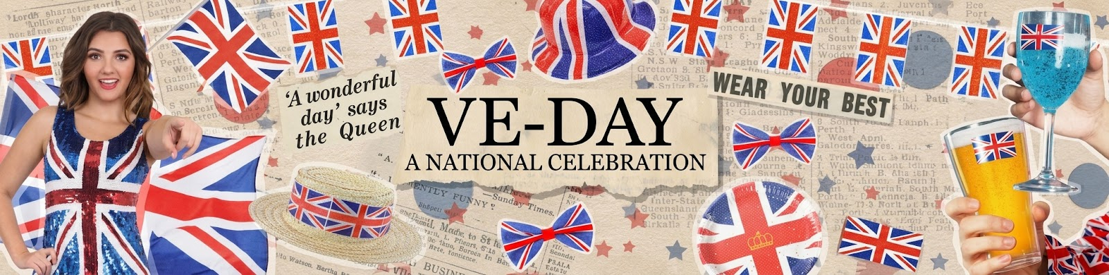 VE Day banner with Union Jack decorations and 1940s themed fancy dress costumes celebrating Victory in Europe Day