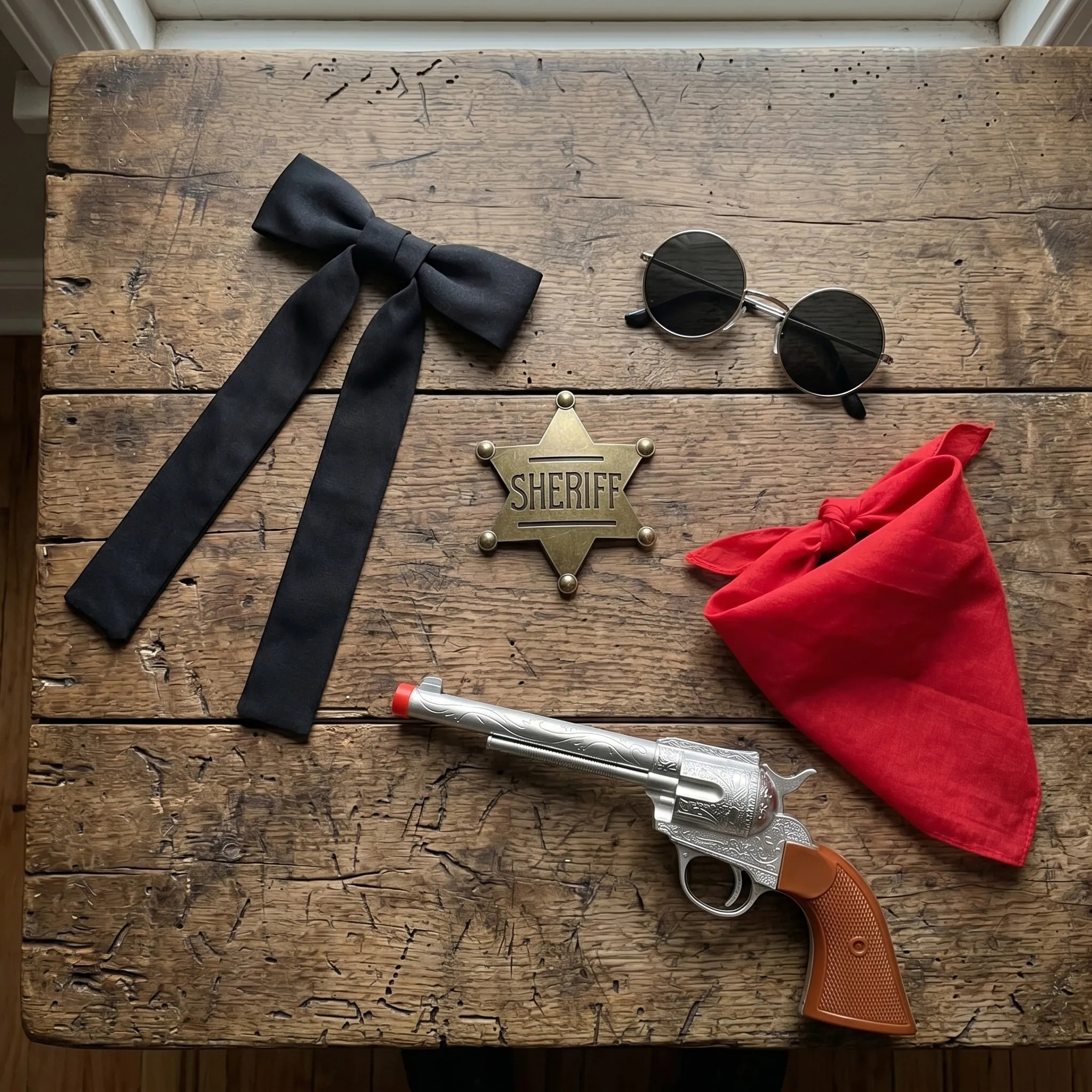 Western fancy dress accessories including paisley bandanas, sheriff badges, wigs and cowboy hats