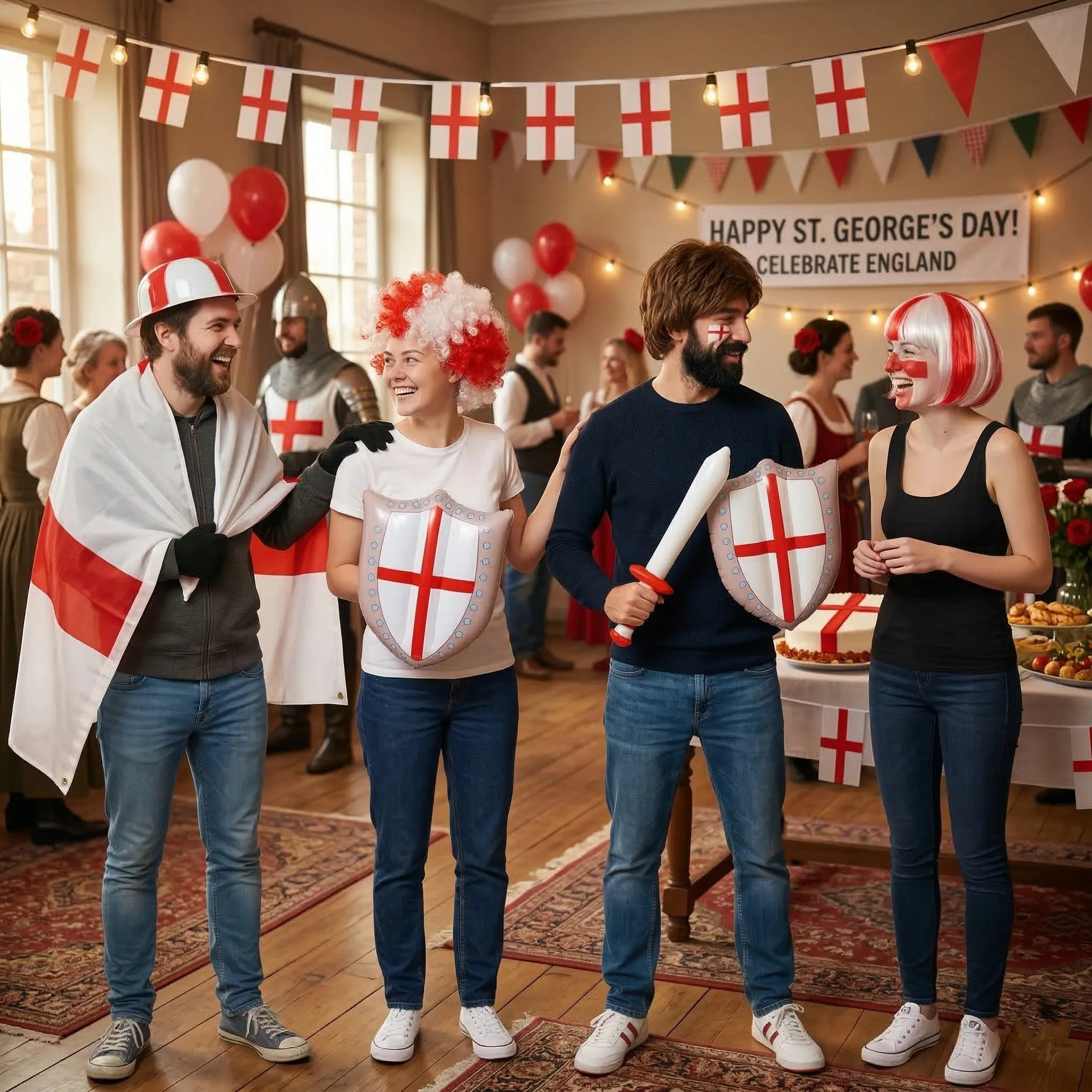 Group at a party wearing St George’s Day accessory sets including England flag capes, wigs, face paint, inflatable sword and shield, smiling together