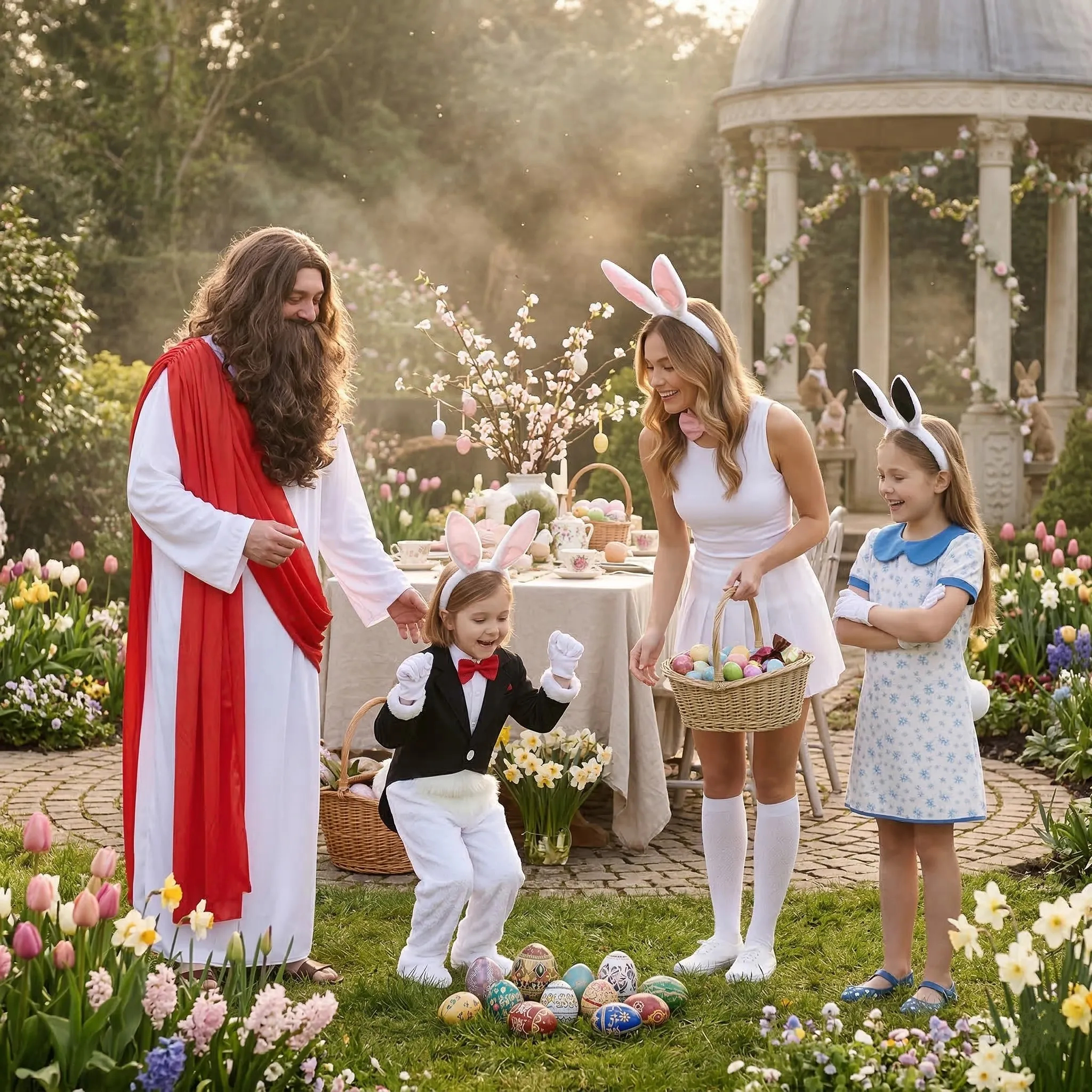 Group of people in a garden wearing Easter costumes, including kids in rabbit outfits, a lady in a rabbit set, and a person in a Jesus costume.