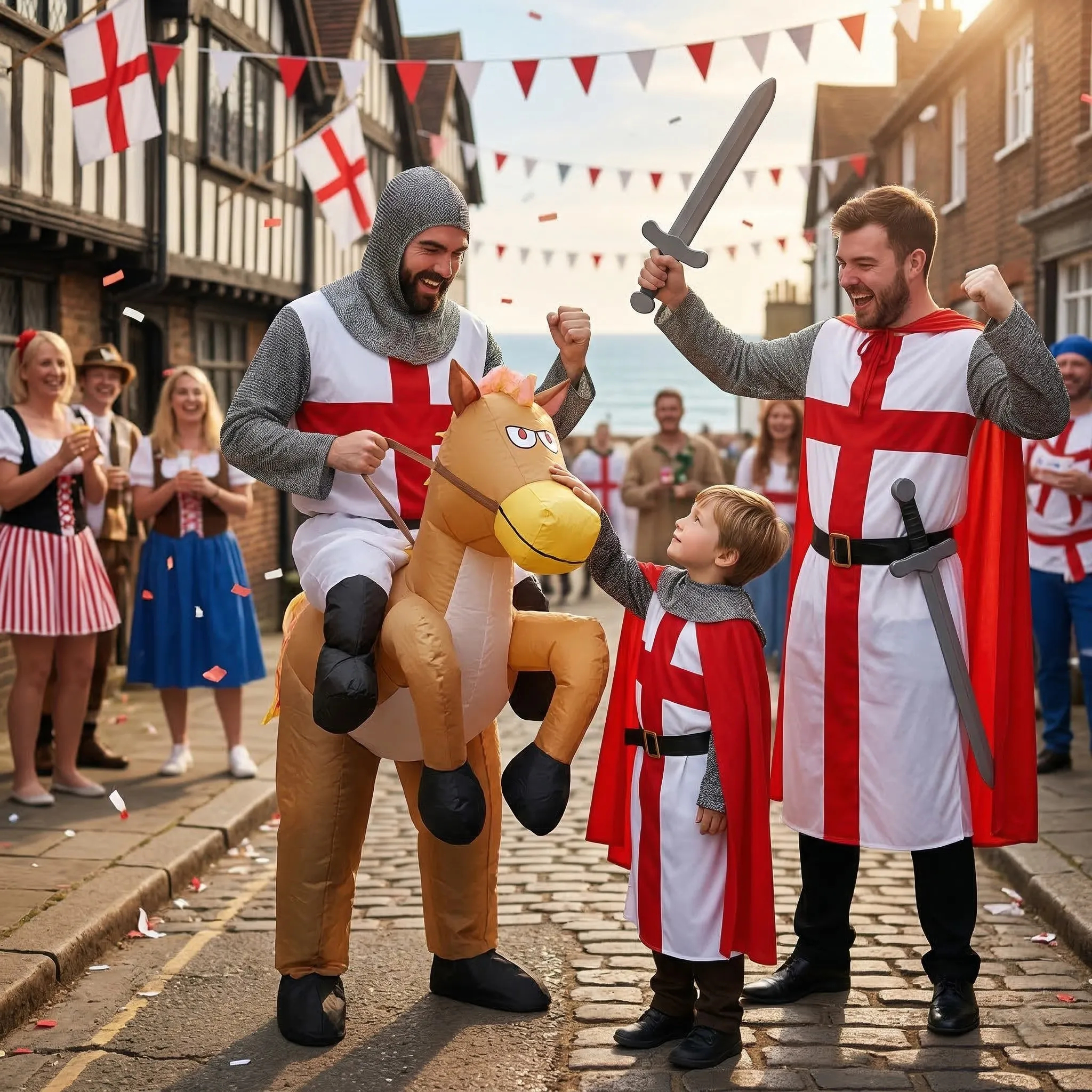 People in St George’s Day costumes including knight outfits and ride-on horse costume, standing in a street decorated with England flags