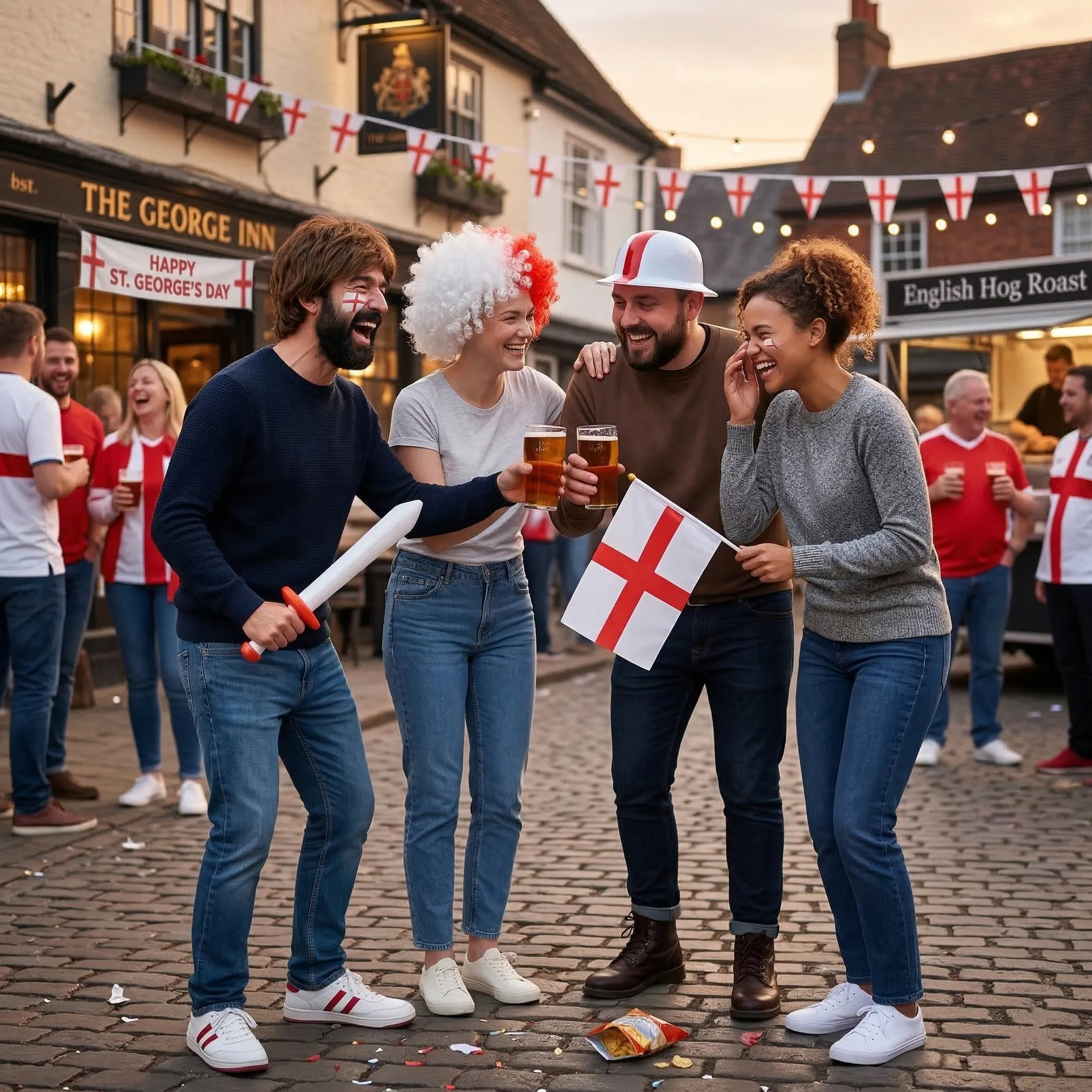 Street party scene with people wearing St George’s Day accessories including bowler hats, face paint, afro wigs and holding England flags