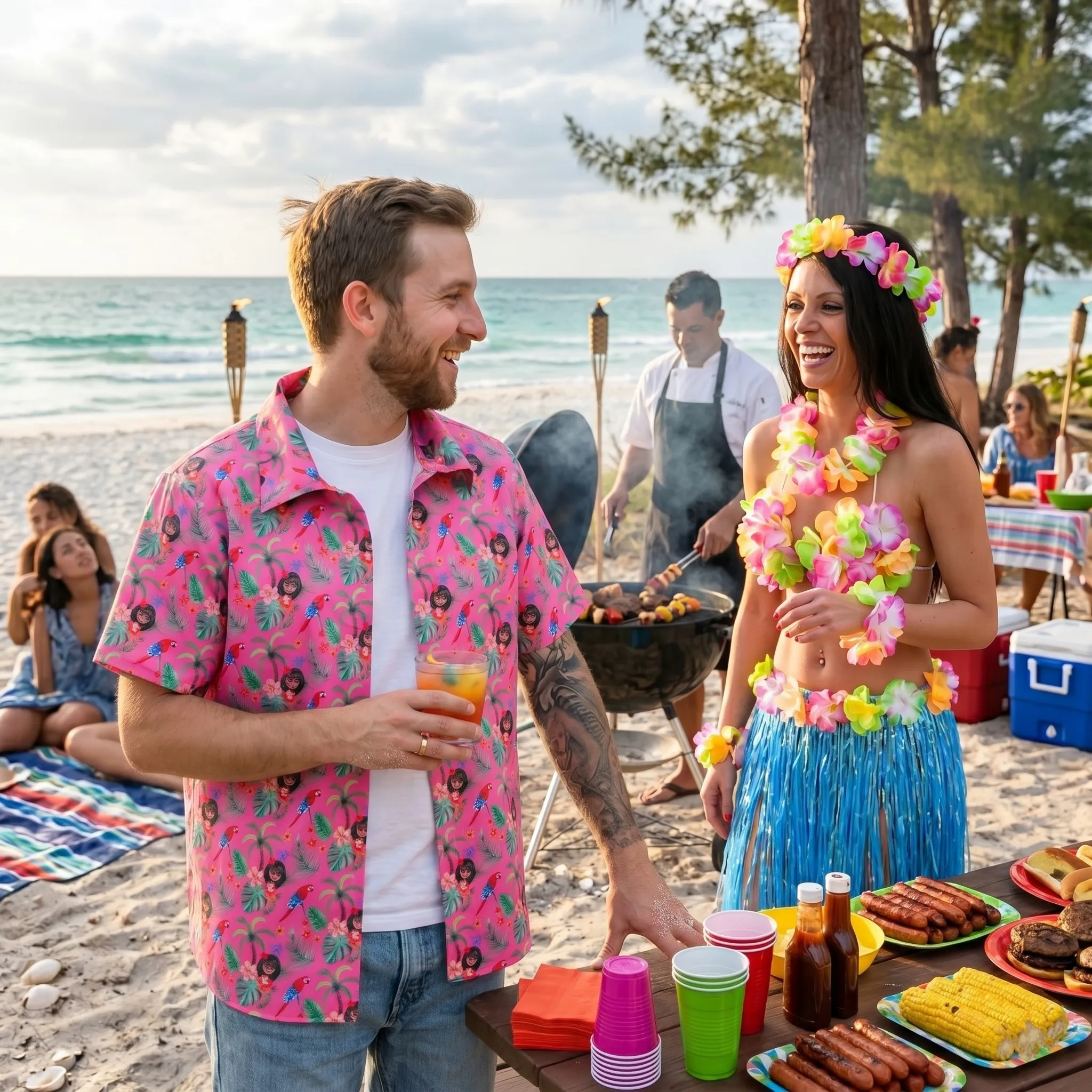 Group wearing summer fancy dress costumes including Hawaiian shirts, grass skirts and tropical accessories at a beach themed party