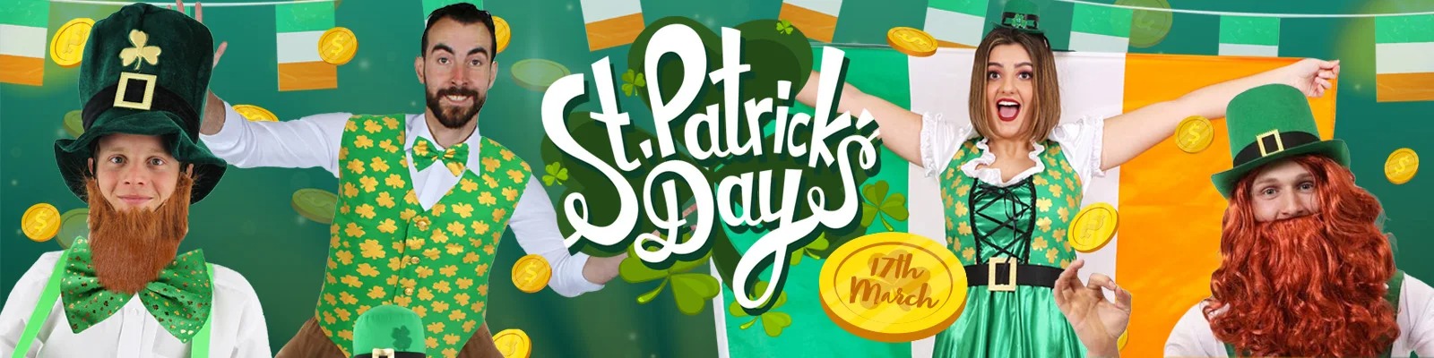 St Patrick’s Day fancy dress banner with costumes, accessories, hats, wigs and decorations