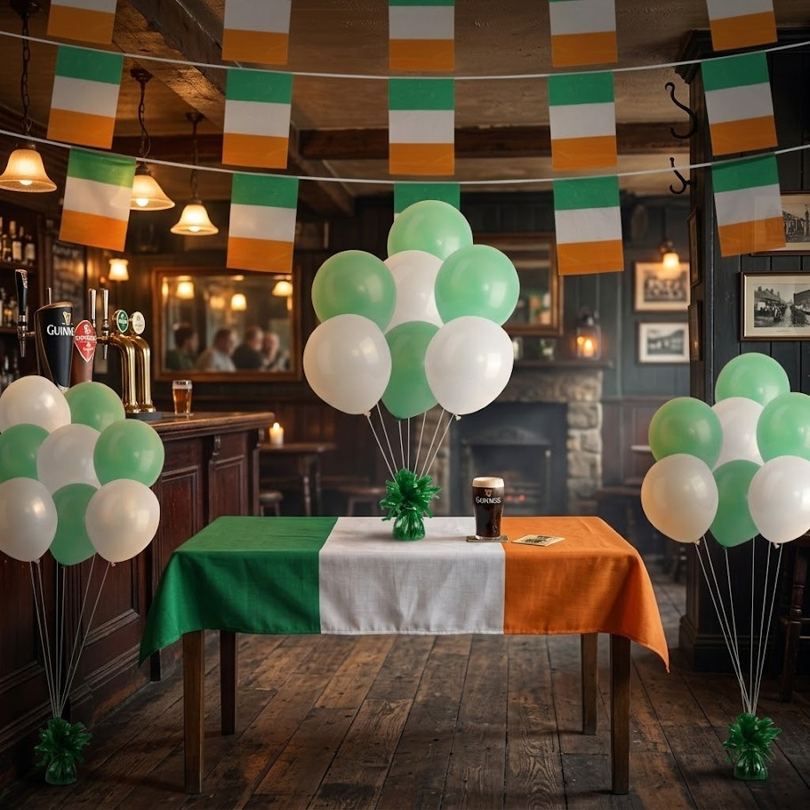 Irish pub decorated with St Patrick’s Day balloons, bunting and themed table decorations