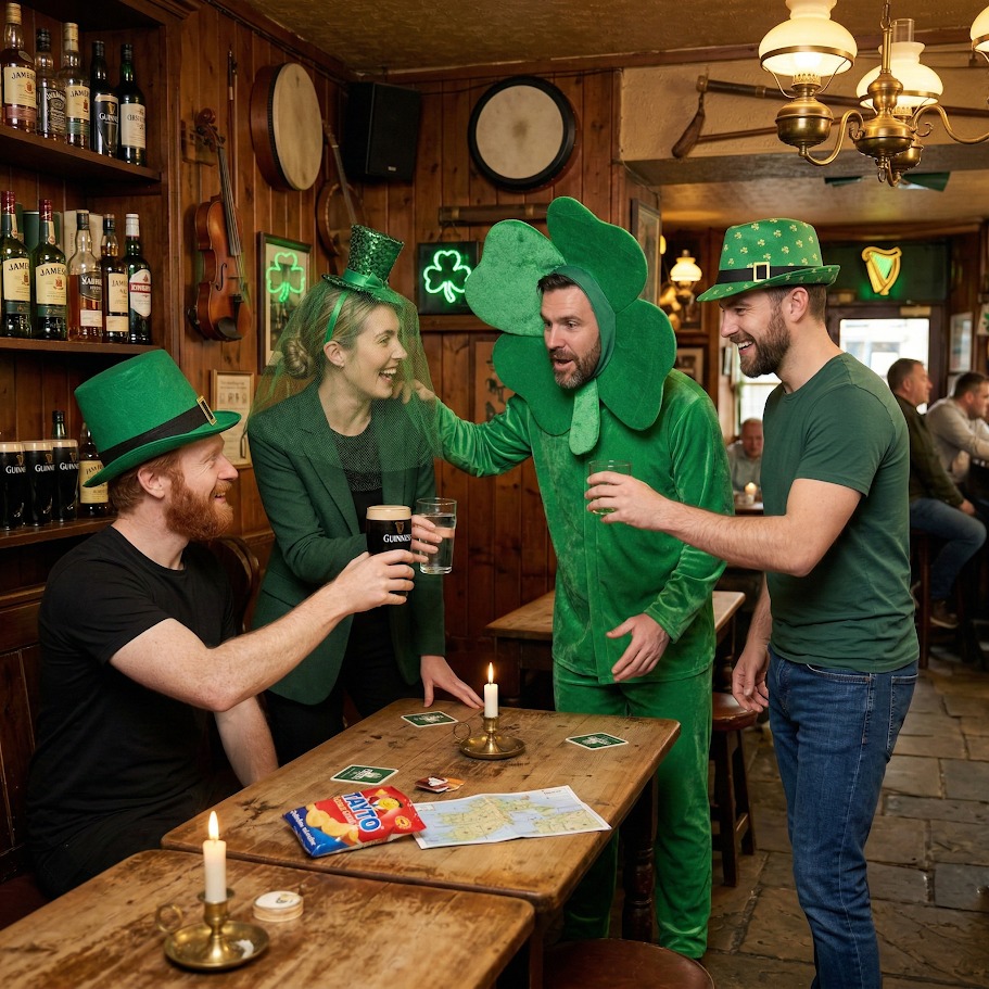 People in an Irish pub wearing St Patrick’s Day hats including shamrock, clover and green top hats