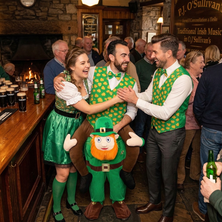 Group of friends in a pub wearing fun St Patrick’s Day fancy dress costumes