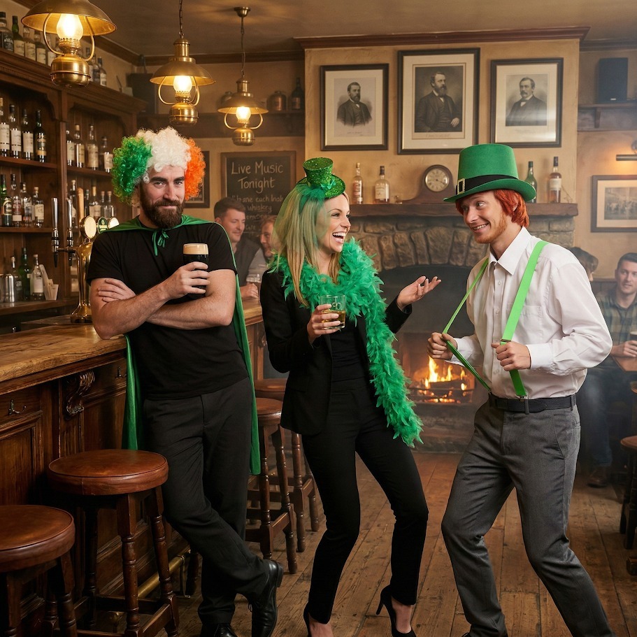 Friends in a pub wearing St Patrick’s Day party sets with feather boas, hats and wigs