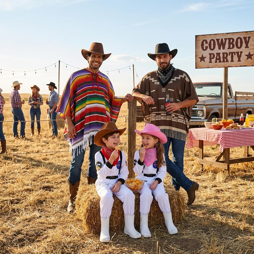 Adults wearing cowboy and Wild West costumes including ponchos, bandanas, waistcoats and cowboy hats
