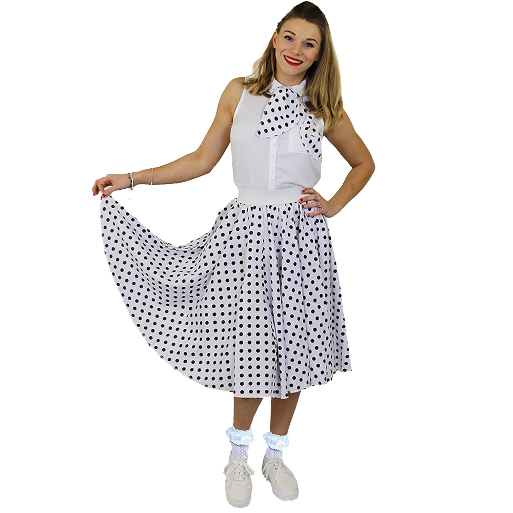 Adults White Polka Dot Skirt with Black Spots (Long)