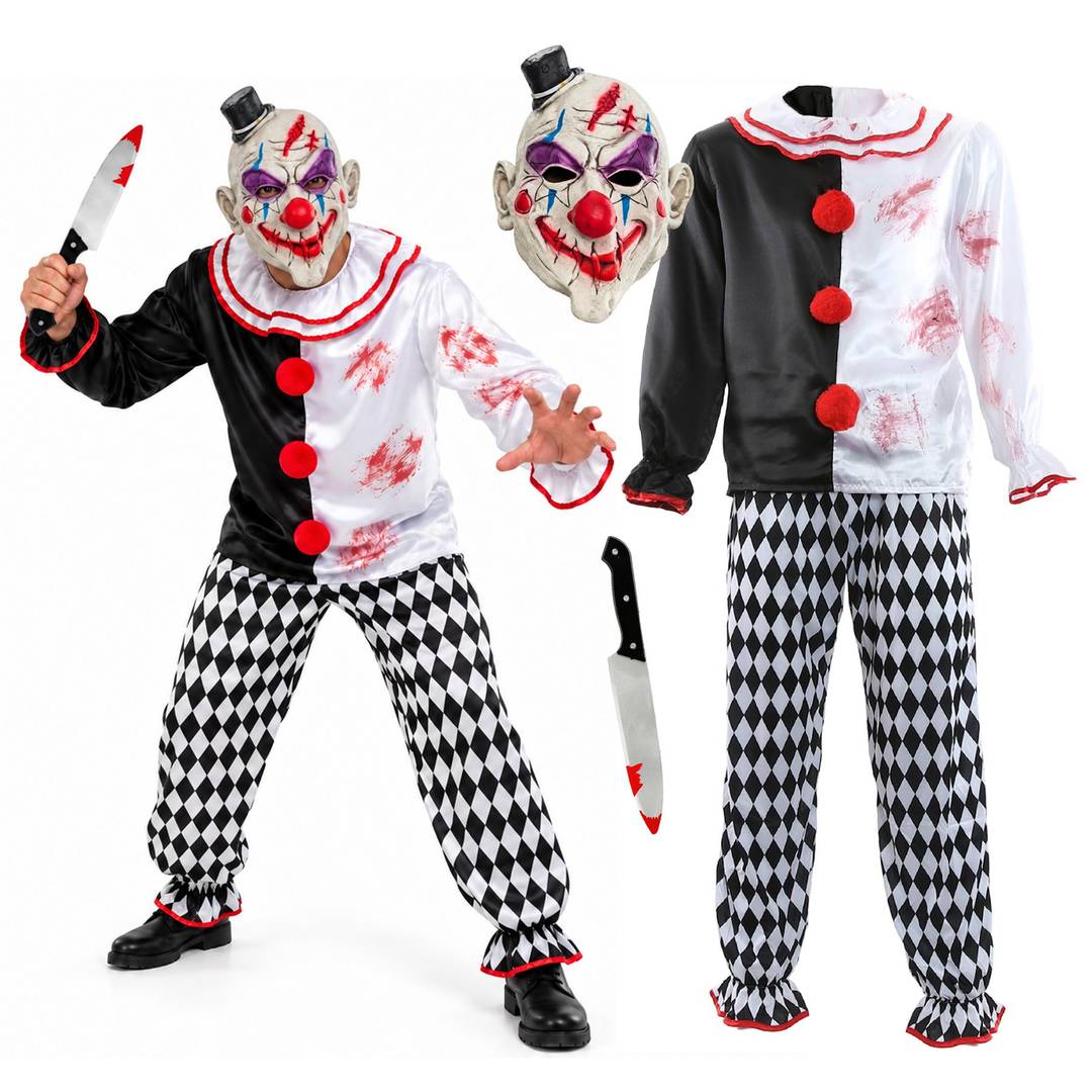 Adults Killer Clown Halloween Costume Set | Mask & Knife Prop