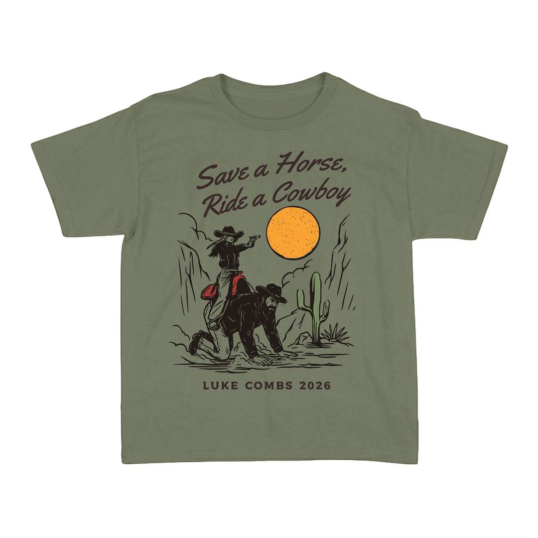 Ladies Country Cowgirl Baby Tee | Save A Horse, Ride A Cowboy Slogan | Army Green Fitted Cotton T-Shirt