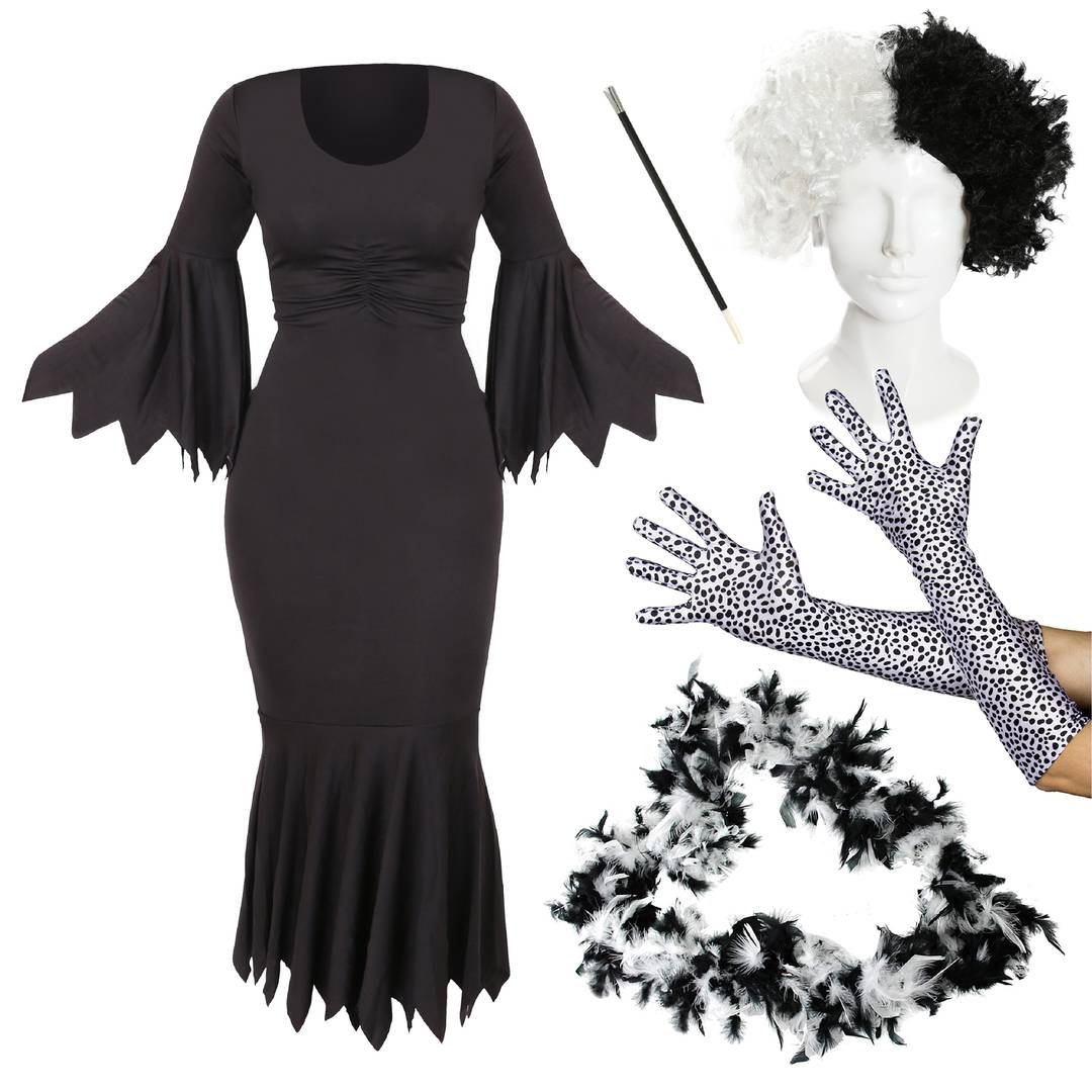 Adults Evil Dog Lady Costume - Shaggy Wig, Dalmatian Gloves, Feather Boa & Cig Holder