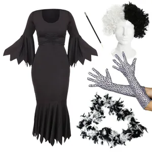 Adults Evil Dog Lady Costume - Shaggy Wig, Dalmatian Gloves, Feather Boa & Cig Holder
