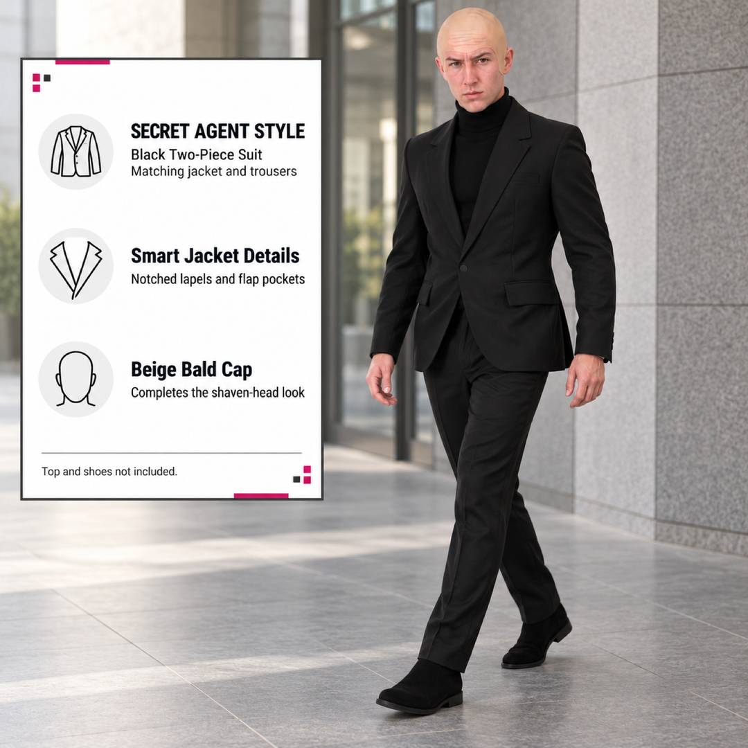 Mens Halloween Secret Agent Costume | Black Suit & Bald Cap Set | I ...