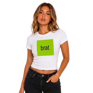 Womens Brat Box Logo Baby Tee White Fitted Festival Concert Top