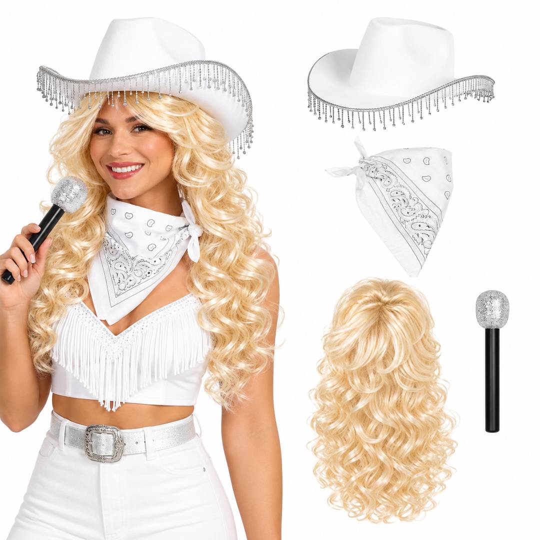 Country Singer Costume Set | Blonde Wig White Hat Bandana Mic