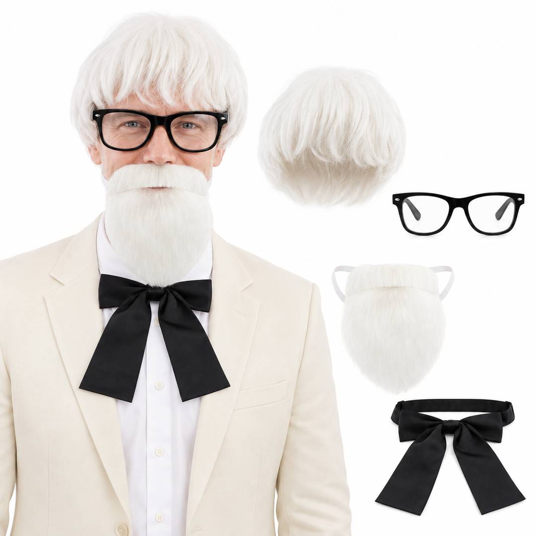 Adult Southern Gentleman Costume Set | White Wig Glasses Beard Bowtie