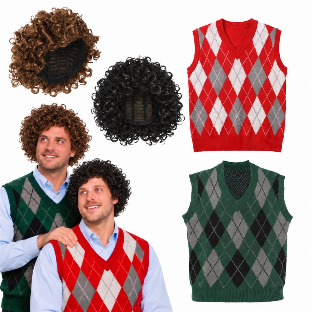 Step Brothers Comedy Duo Costume | Red Green Vests Afro Wigs Set Step Brothers