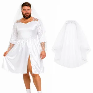 Mens Stag Do Wedding Dress | Novelty Bachelor Party Bride Costume | Full-Length White Polyester