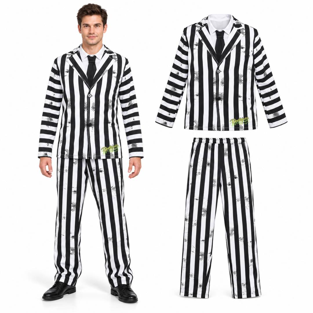 Adult Beetlejuice Stripe Suit Costume | Black & White Ghoul Halloween Fancy Dress