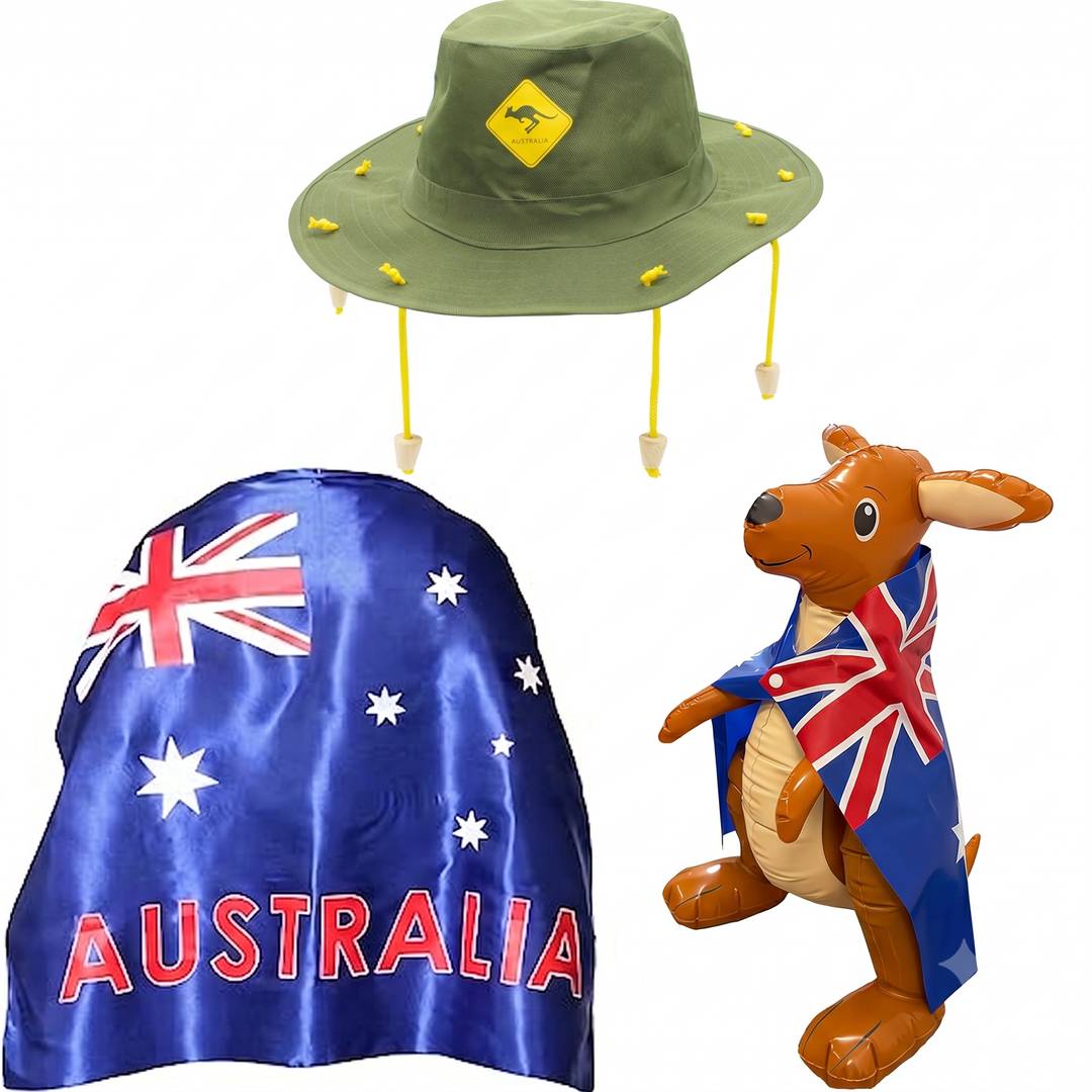 Australian Cork Hat, Flag Cape & Inflatable Kangaroo | Fancy Dress Set | Australia Day Costume