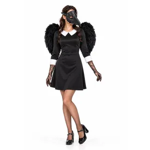 Womens Raven Governess Halloween Costume – Black Dress, Feather Wings, Mask & Lace Gloves