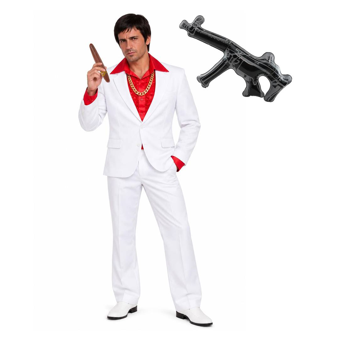 Adult White Gangster Costume Set | Mob Boss Fancy Dress + Inflatable Gun
