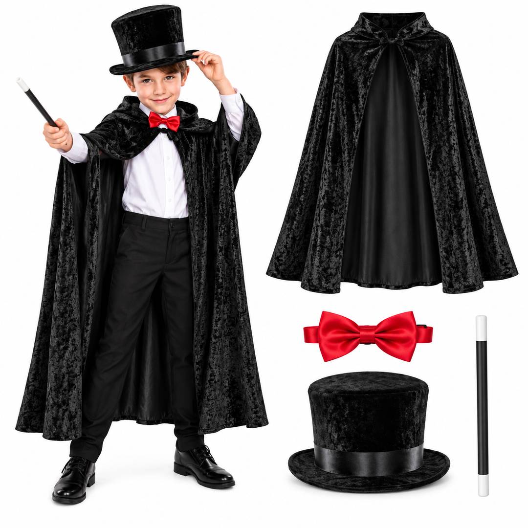 Kids Magician Costume | Cape, Top Hat, Bow Tie & Wand Set