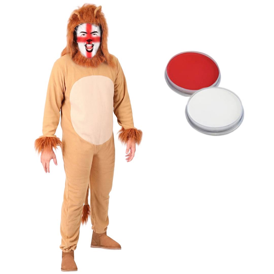 Adults England Lion Costume | 3 Pcs | Jumpsuit, Maned Hood & Red/White Face Paint Kit