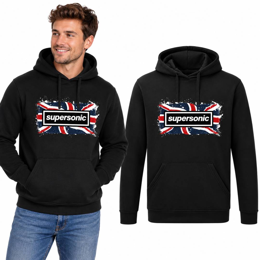 Union Jack Print Hoodie Black | Drawstring Casual Graphic Design