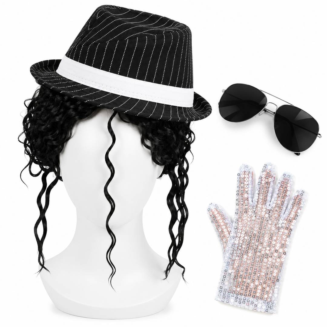 Adult 80s Pop Star Costume Set | Wig Glasses Glove Trilby Hat