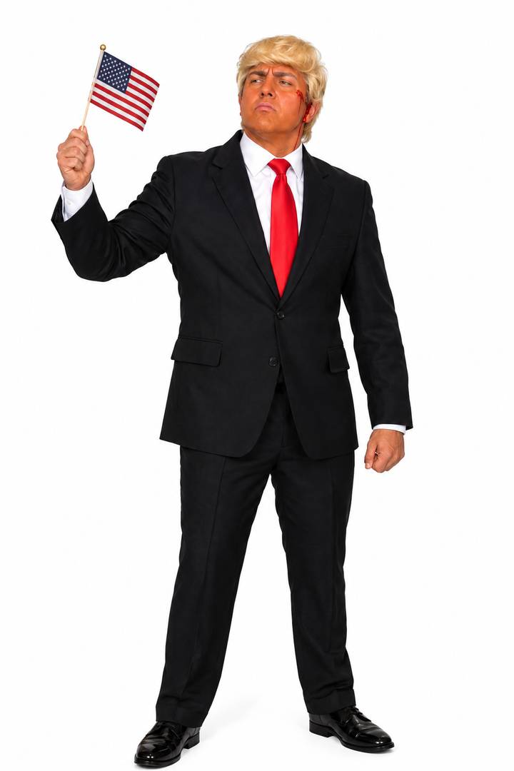 Adult US President Costume | Black Suit Wig Tie Fancy Dress Set