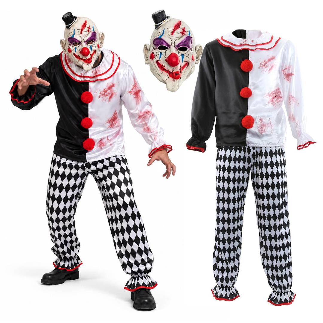 Adults Clown Costume Set | Halloween Fancy Dress with Rubber Mask
