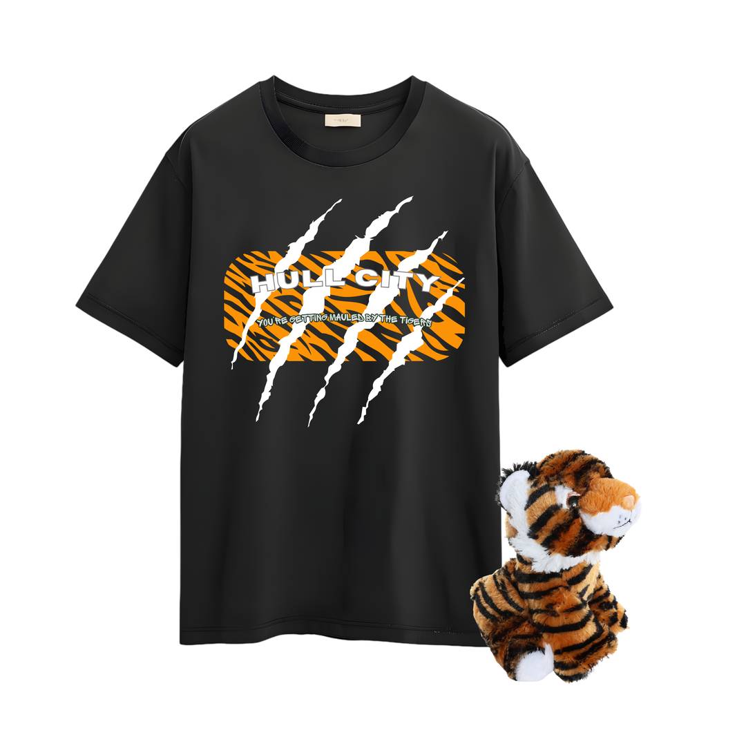 Football Supporters T-Shirt & Tiger Plush | Adult Black Fan Gift Set