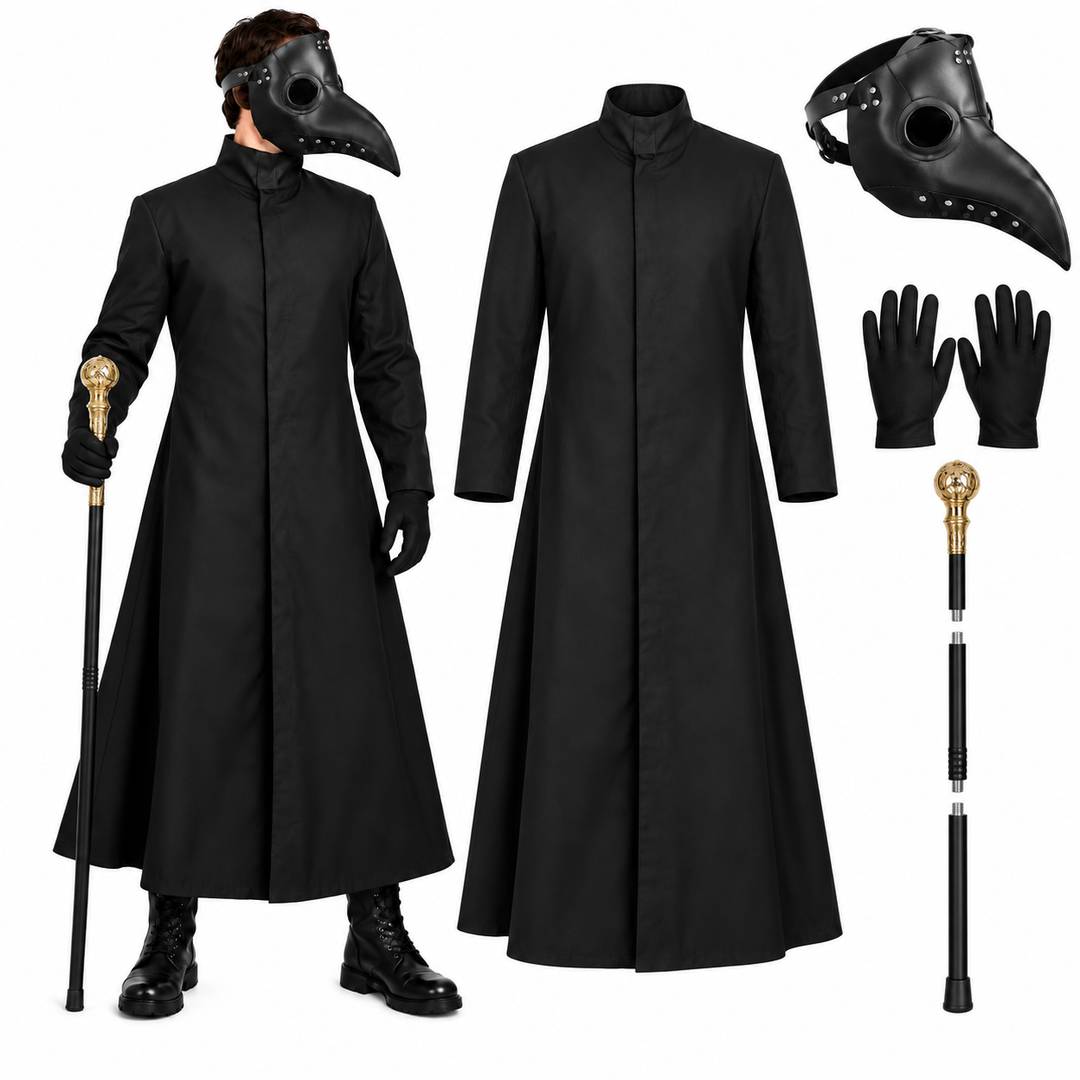 Adult Halloween Plague Doctor Costume | Duster Coat, Mask, Gloves & Gold Cane