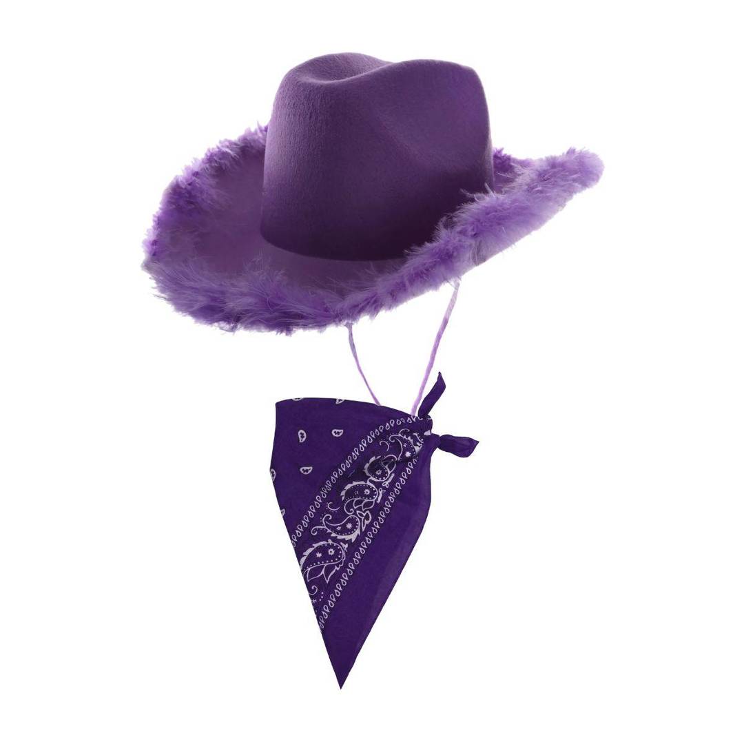 Adults Purple Cowboy Hat & Paisley Bandana Set | Marabou Feather Trim Cowgirl Accessory | 100% Polyester