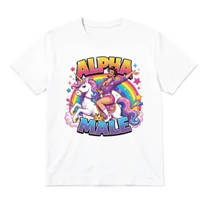 Adults Alpha Male Stag Do T-Shirt | Mens White Cotton Rainbow Unicorn Print | Ironic Novelty Tee