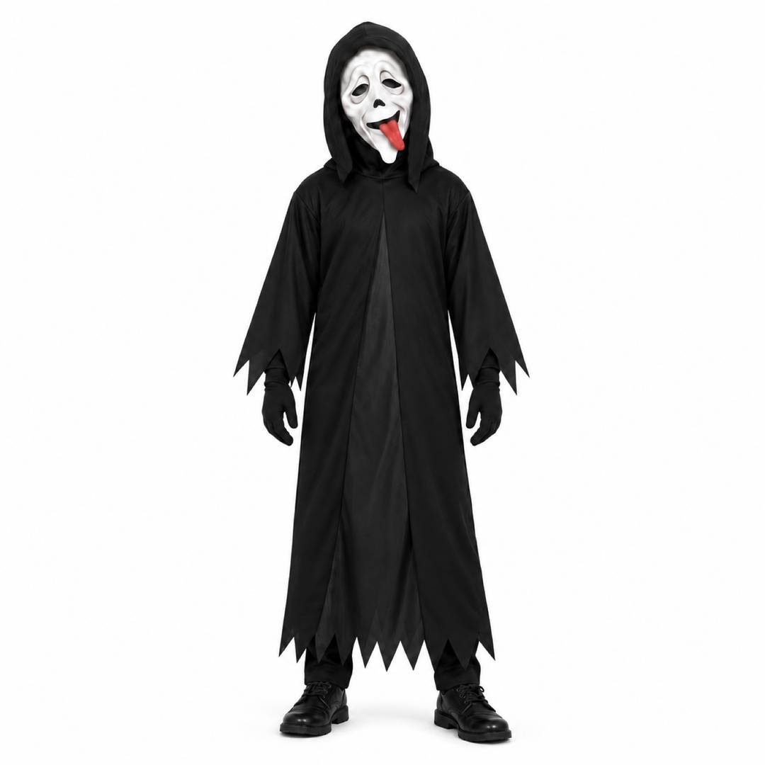 Kids Halloween Ghost Costume | Scary Robe Hood Mask Gloves Set