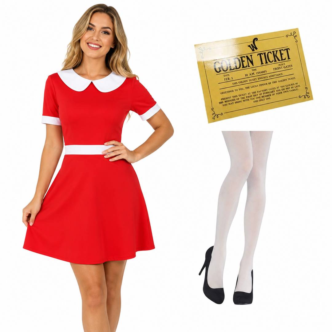Womens Golden Ticket Winner Fancy Dress Costume | Red Storybook Dress Set
